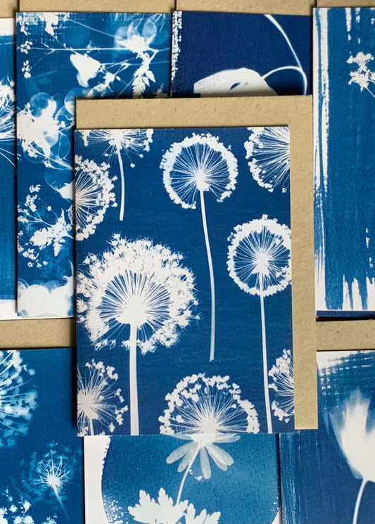 Danielle East ART greeting card with brown kraft envelope of a blue and white Cyanotype of Alliums, arranged in a repeated pattern to look like wallpaper