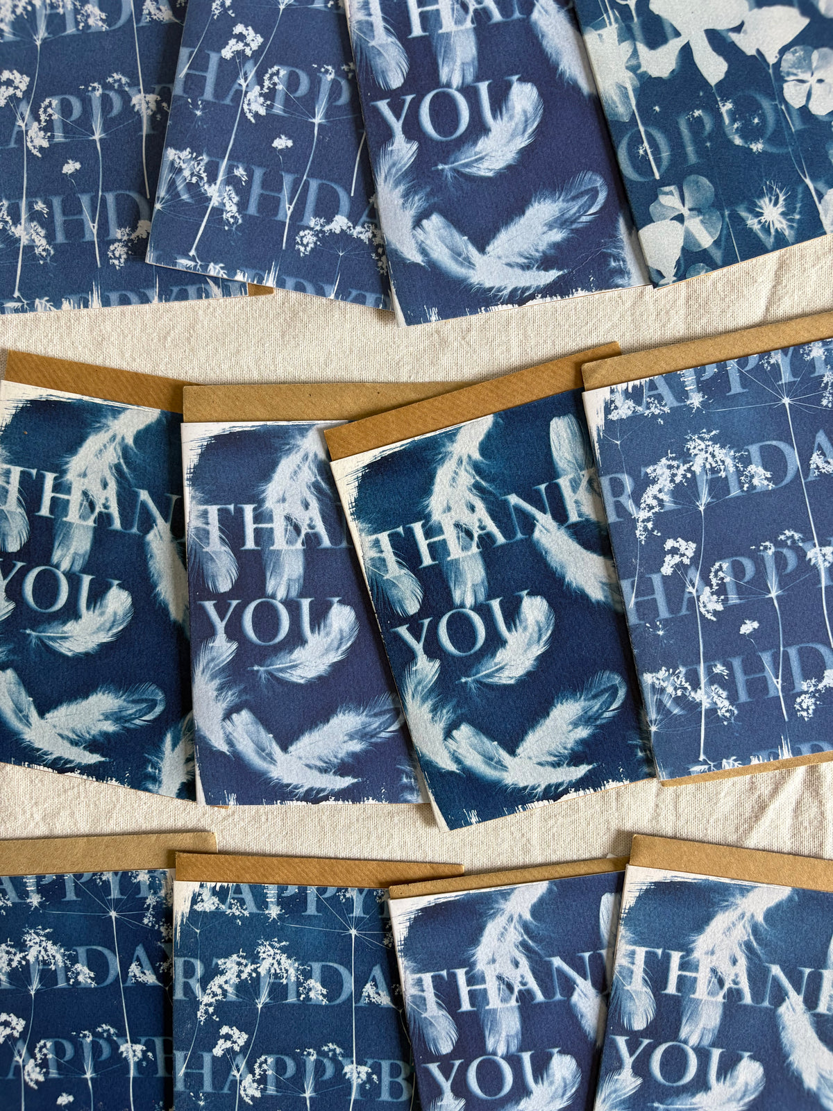 Pack of 4 Lucky Dip Text Cyanotype Cards - Happy Birthday & Thank you