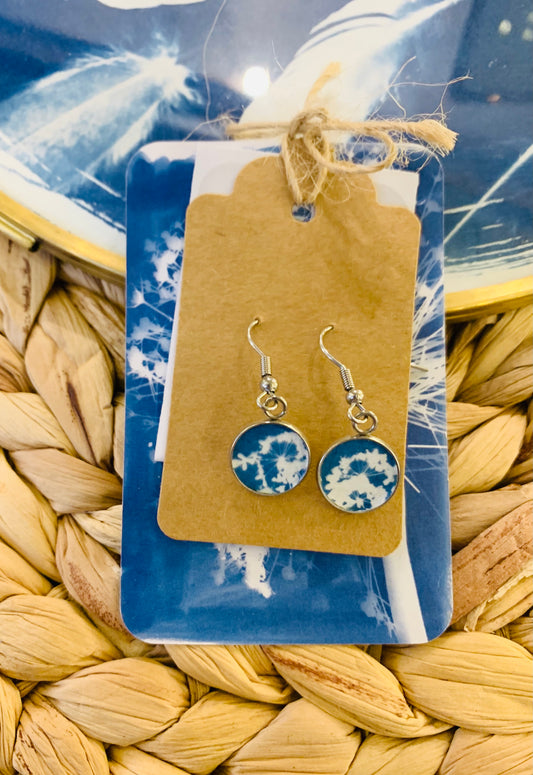 Cow Parsley pair of stainless steel dangly earring with original bits of cyanotype in the trays 