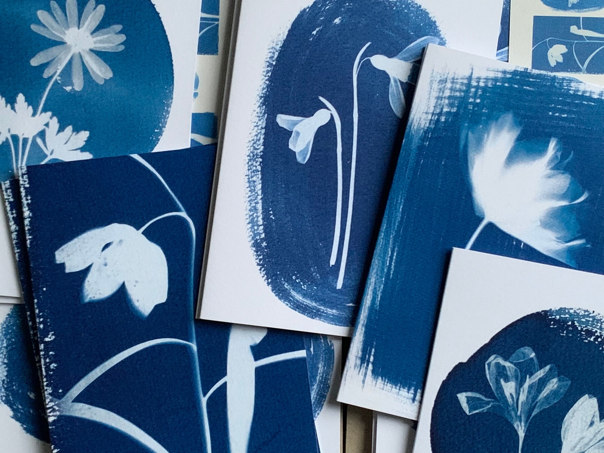 close up of some of the Spring card pack cyanotype cards from Danielle East ART