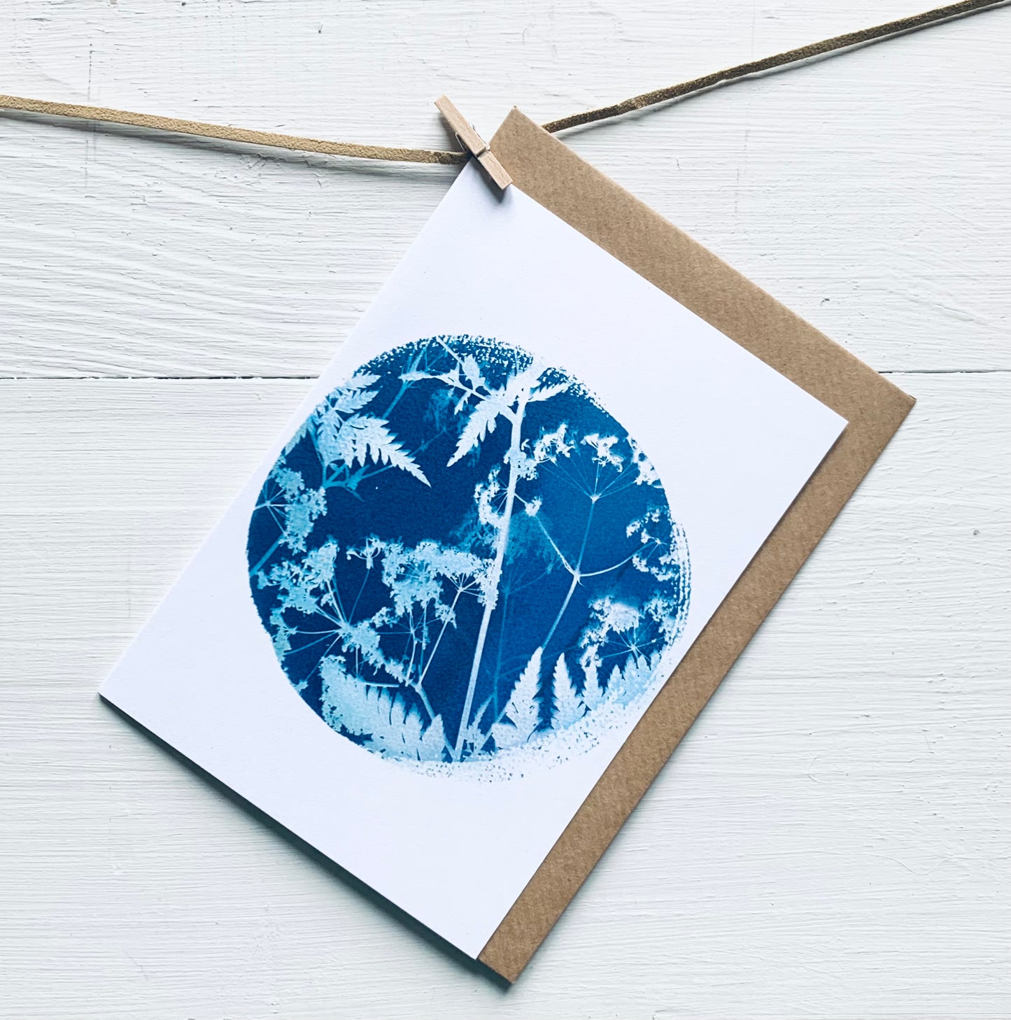 Layered Cow Parsley Cyanotype image on a greeting card from Danielle East ART