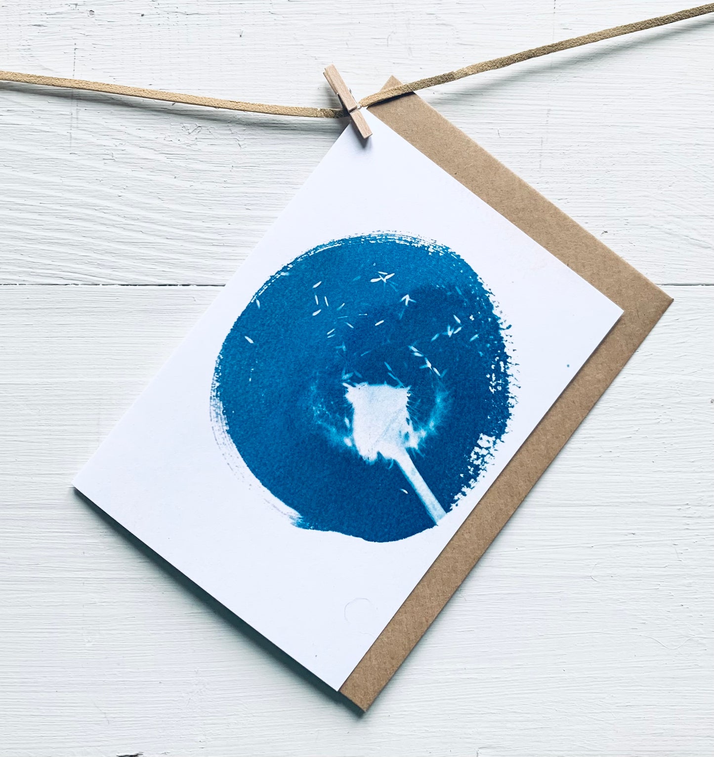 Dandelion Clock Cyanotype on a Greeting card with brown kraft envelope