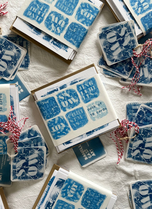 Cards & set of 5 gift Tags - Pack of 10 Christmas Text Cyanotype Cards & Gift Tags