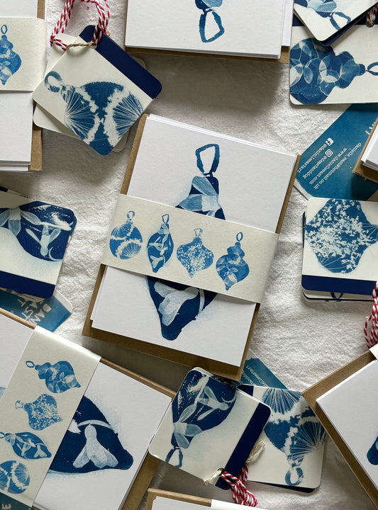 Cards & set of 4 gift Tags - Pack of 8 Christmas Bauble Cyanotype Cards & Gift Tags