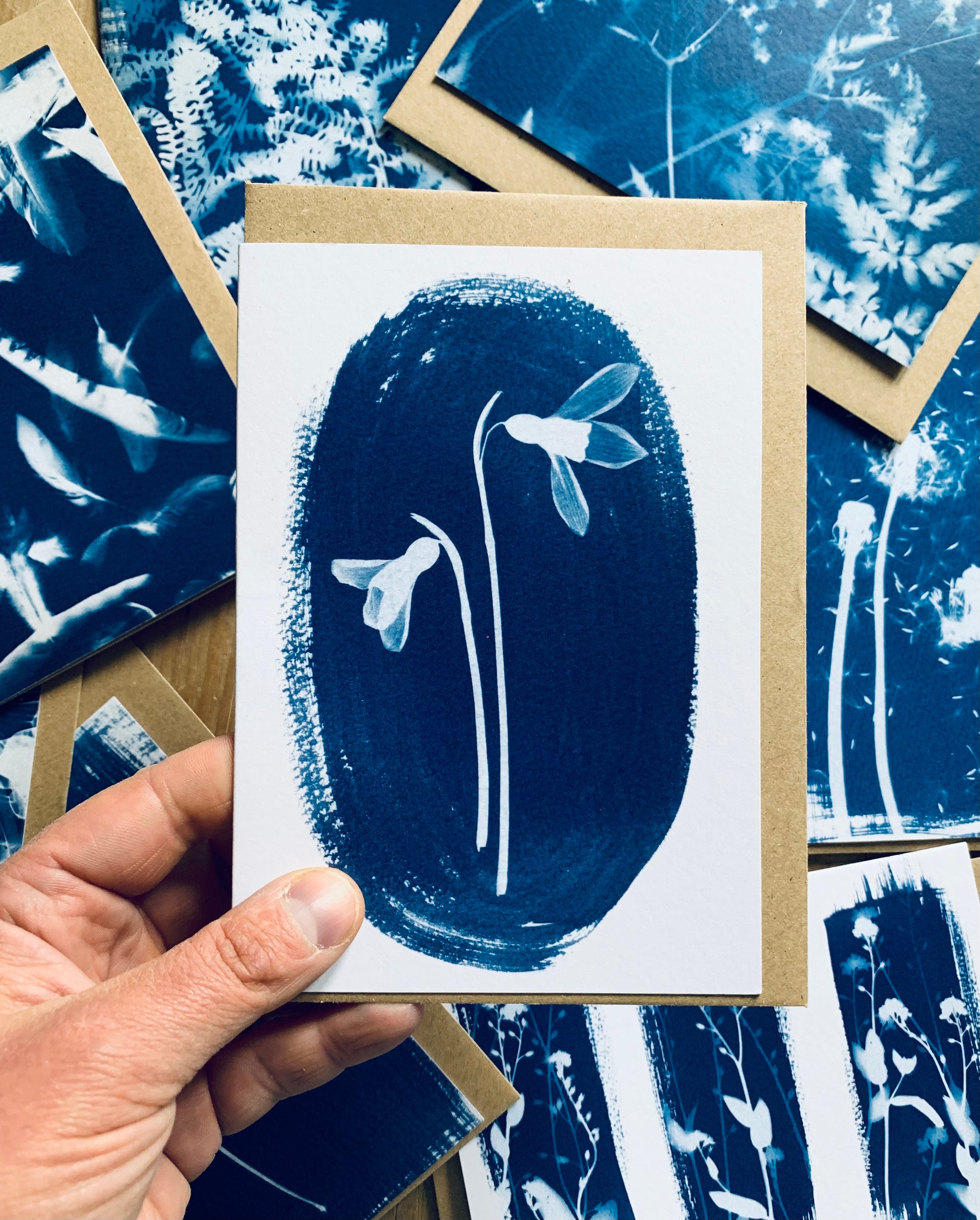 Snow Drop Duo Cyanotype Blank Greetings card from Danielle East ART featuring pressed Snow Drop stems