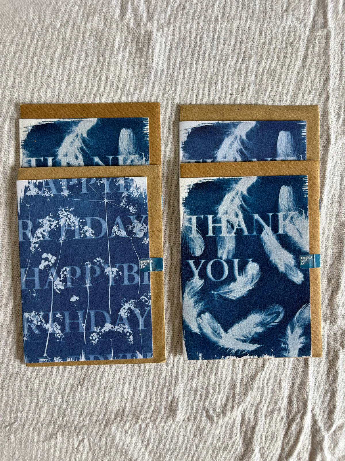 Pack of 4 Lucky Dip Text Cyanotype Cards - Happy Birthday & Thank you