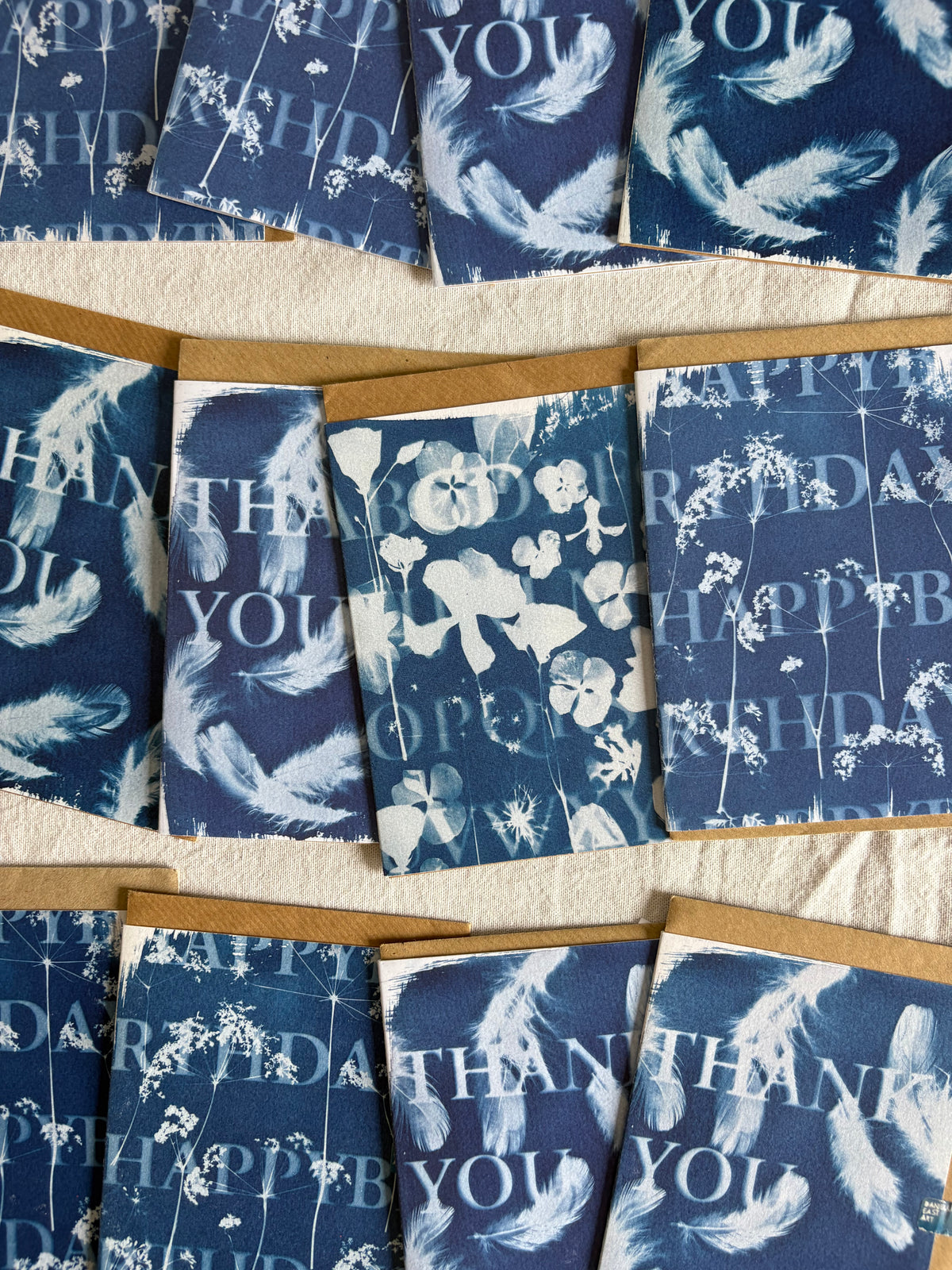 Pack of 4 Lucky Dip Text Cyanotype Cards - Happy Birthday & Thank you