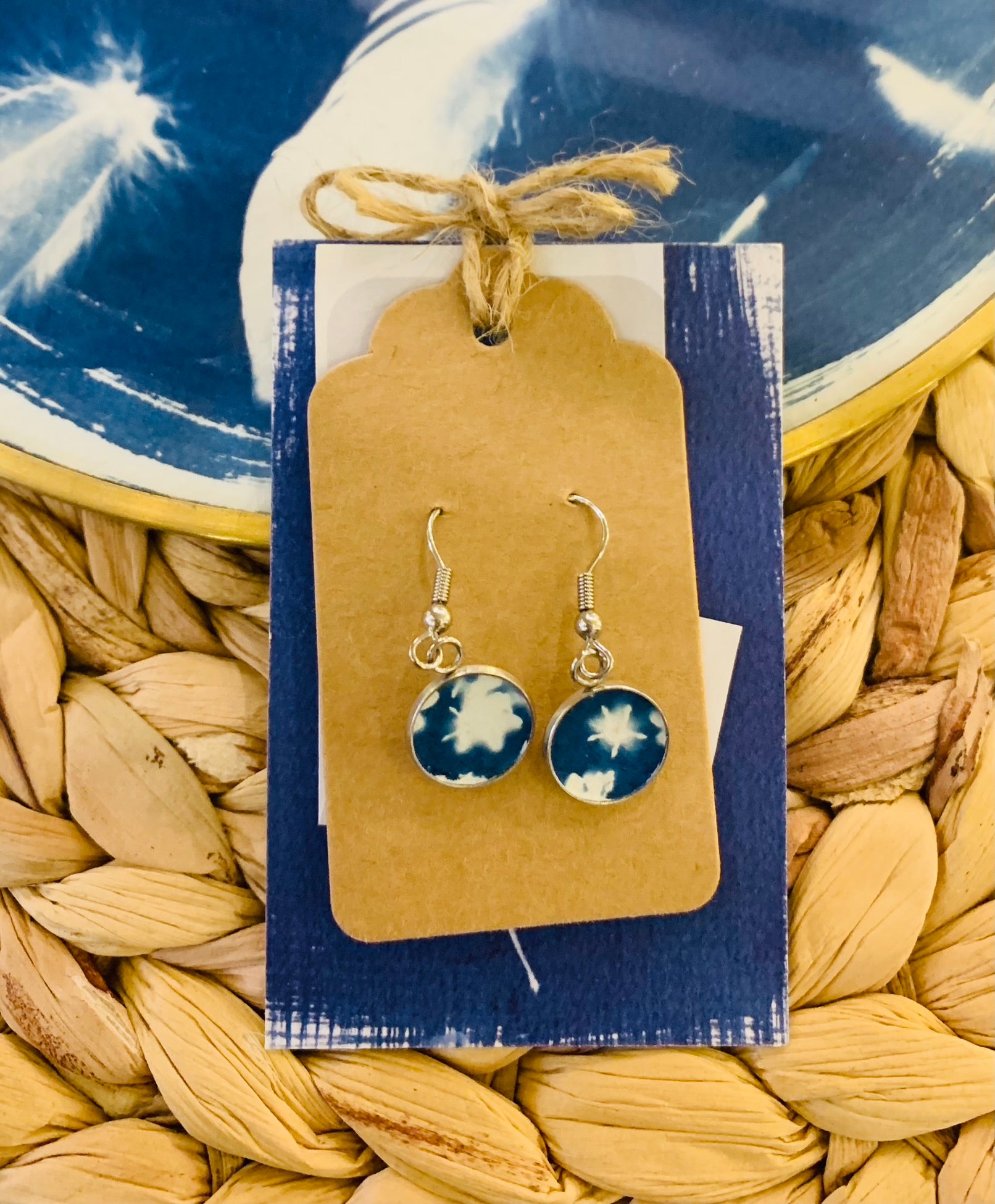 Elderflowers (stars) original cyanotype on dangly stainless steel earrings