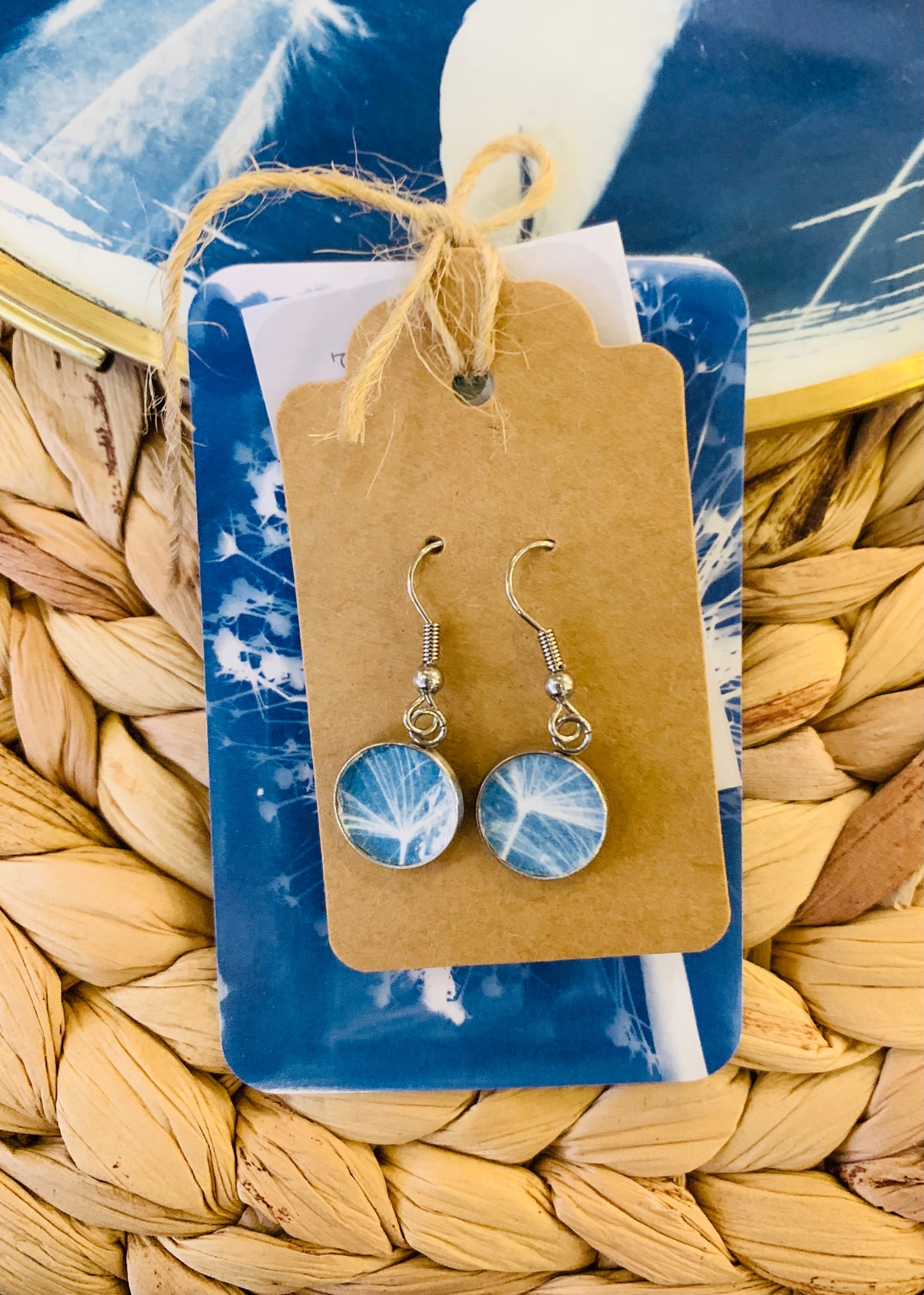 Dandelion seeds cyanotype on dangly stainless steel earrings