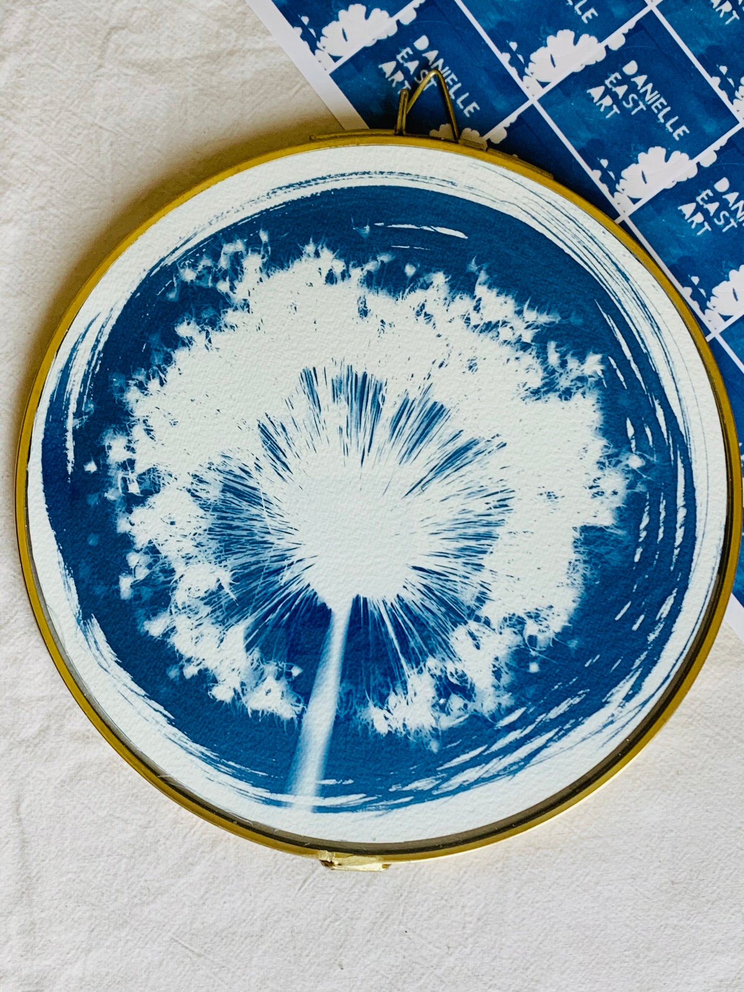 Fuzzy Allium - Brass Framed Circle Cyanotype - 21.5cm Diameter