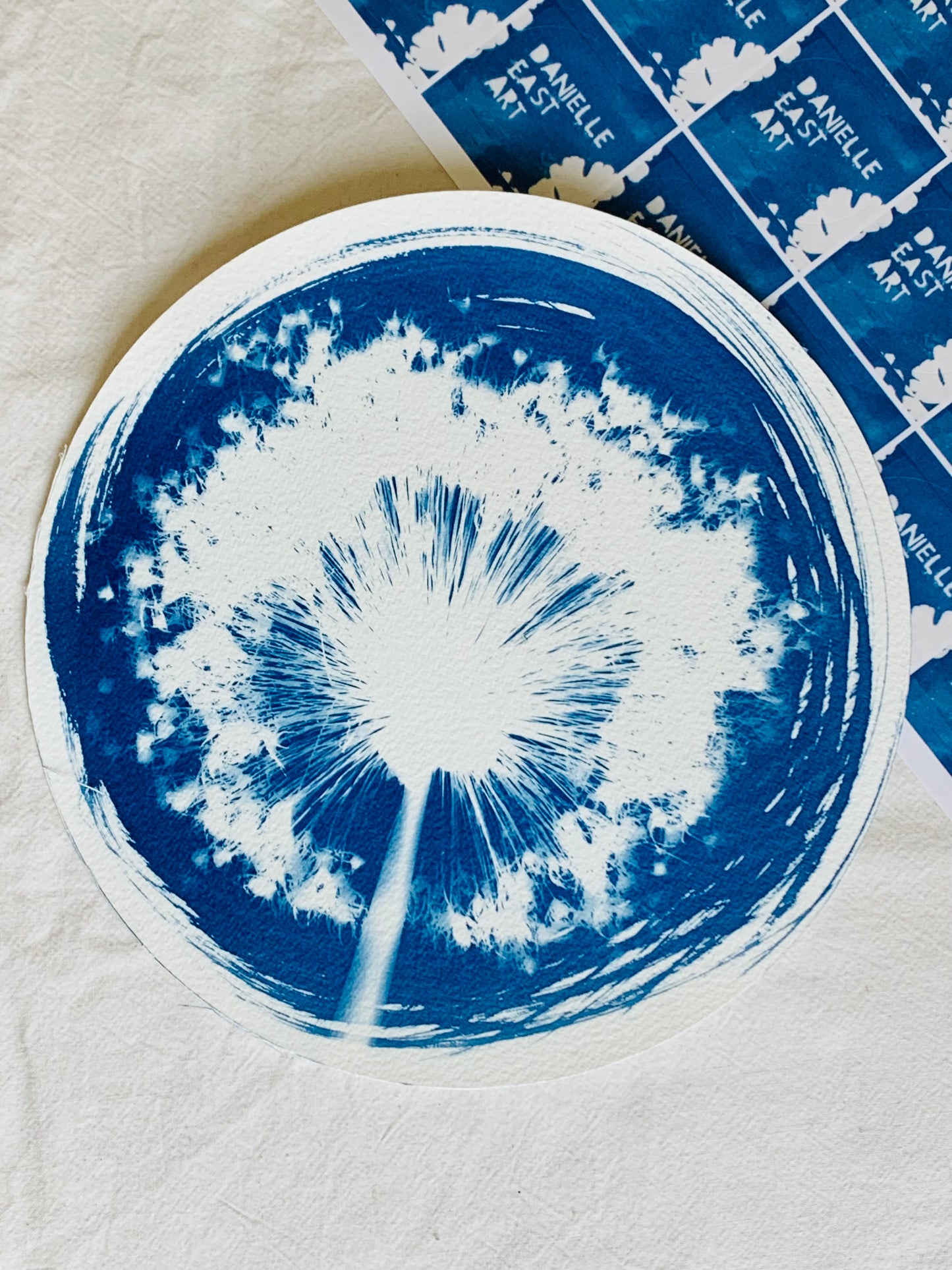 Fuzzy Allium - Brass Framed Circle Cyanotype - 21.5cm Diameter