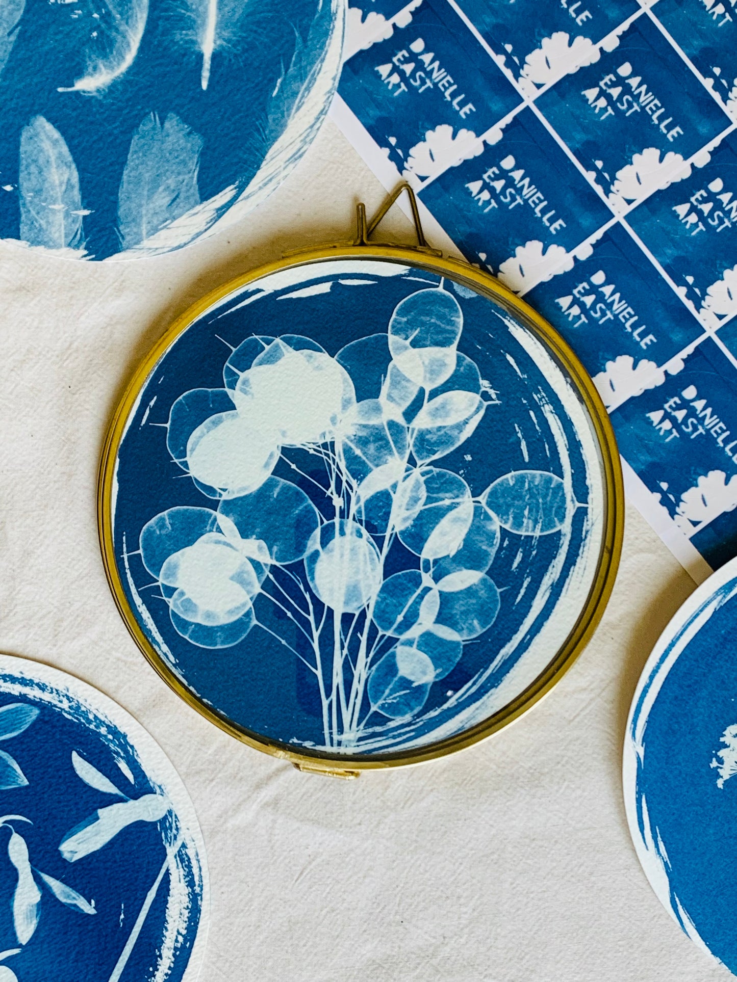 Honesty - Brass Framed Circle Cyanotype - 16cm Diameter