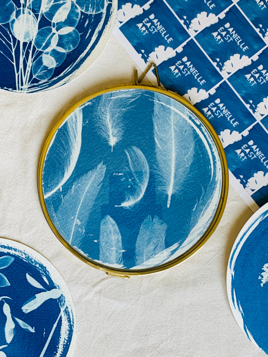 Gull Feathers - Brass Framed Circle Cyanotype - 16cm Diameter