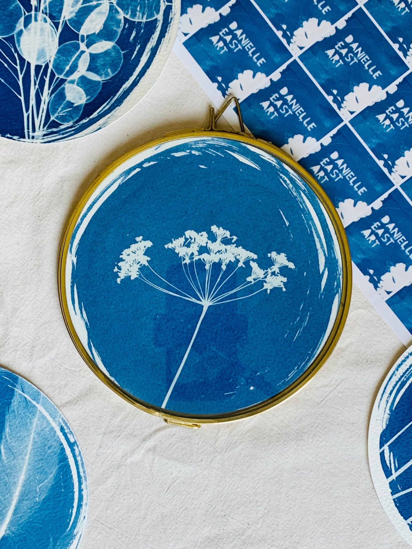 Single Parsley Stem - Brass Framed Circle Cyanotype - 16cm Diameter