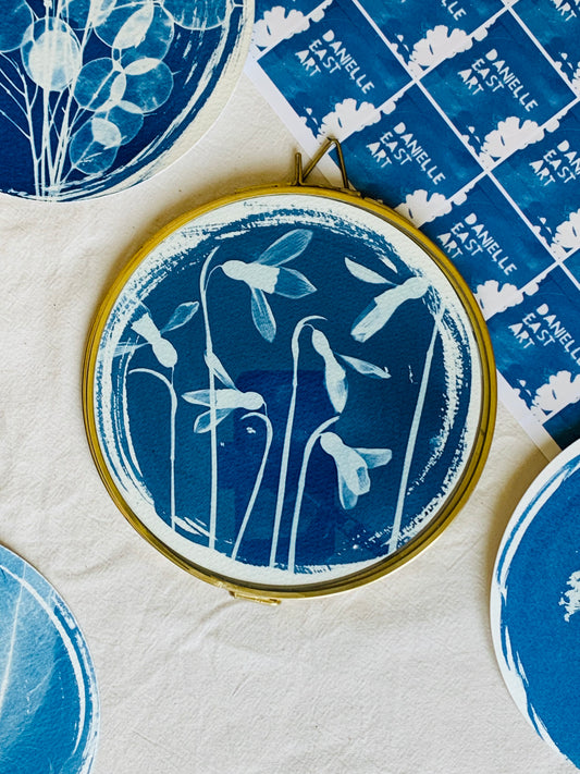 Snow Drops - Brass Framed Circle Cyanotype - 16cm Diameter