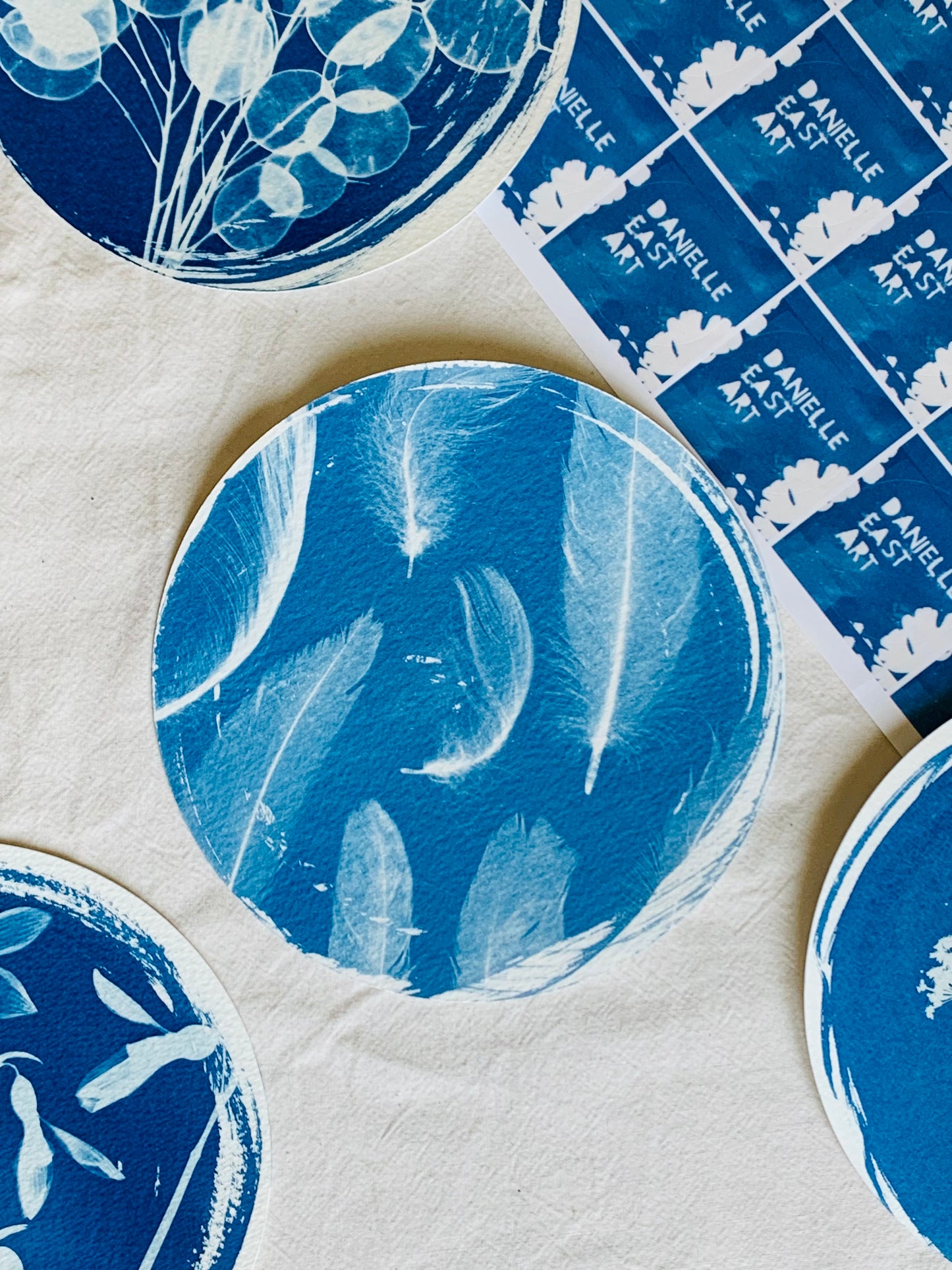 Gull Feathers - Brass Framed Circle Cyanotype - 16cm Diameter