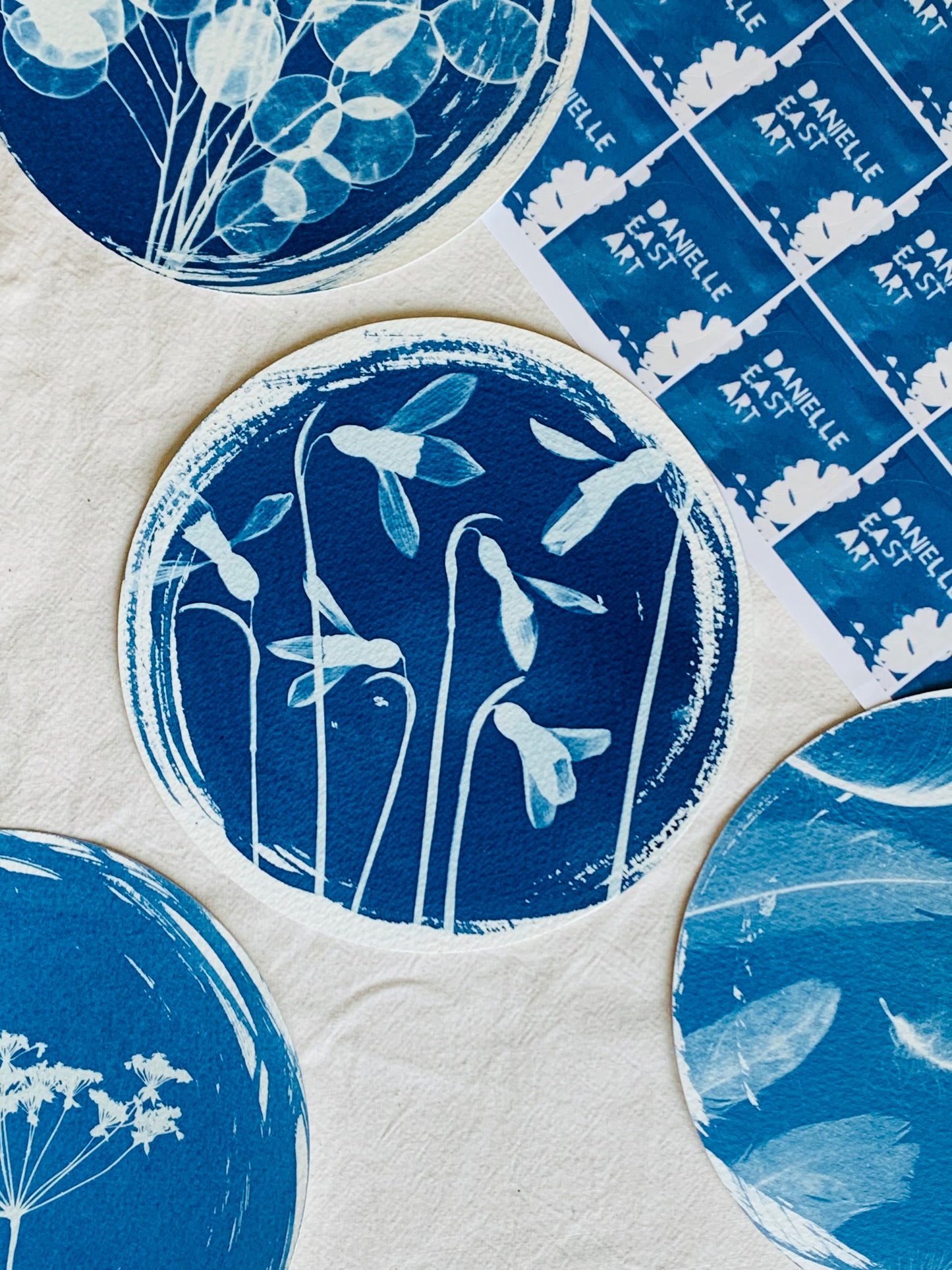 Snow Drops - Brass Framed Circle Cyanotype - 16cm Diameter