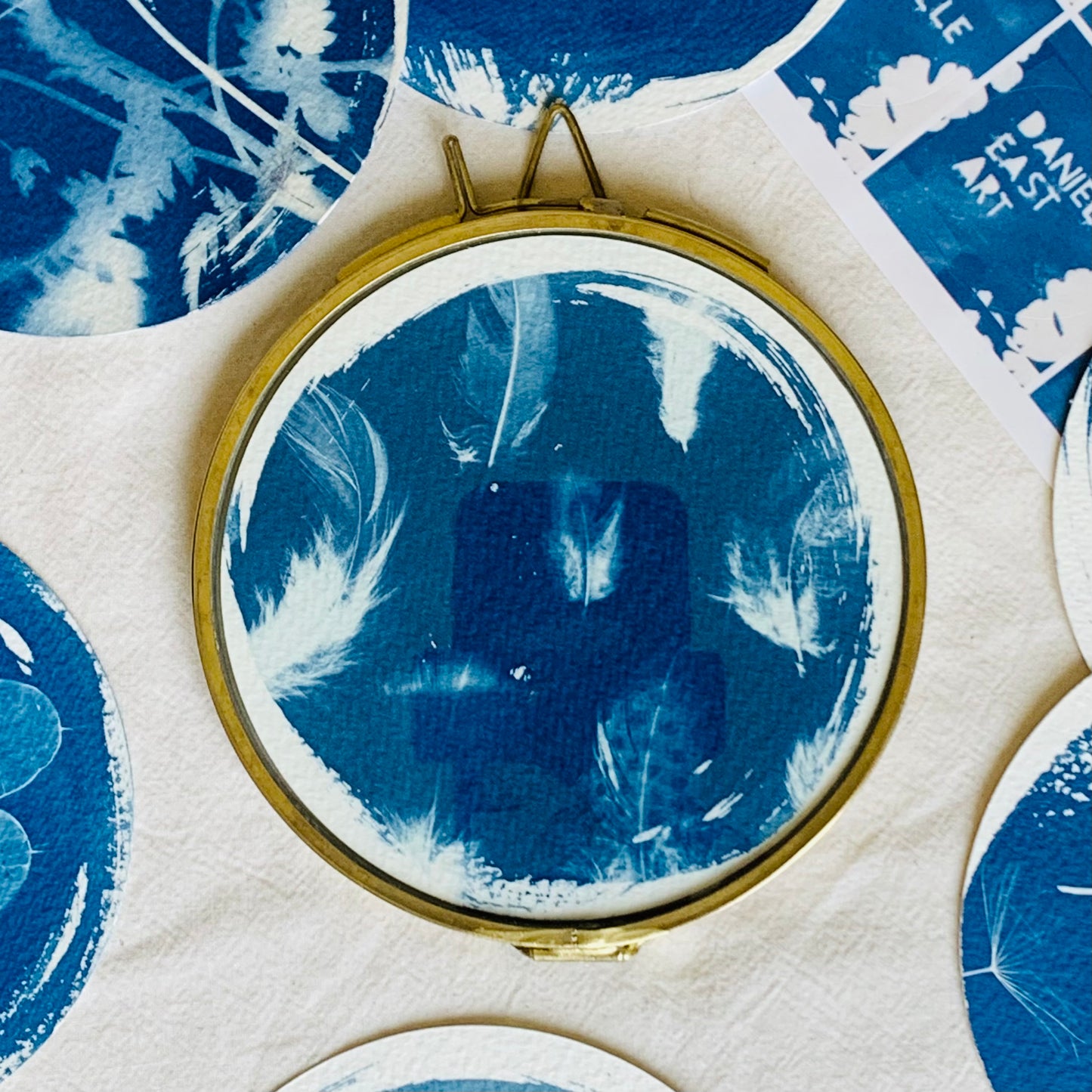 feathers - Brass Framed Circle Cyanotype - 12cm Diameter