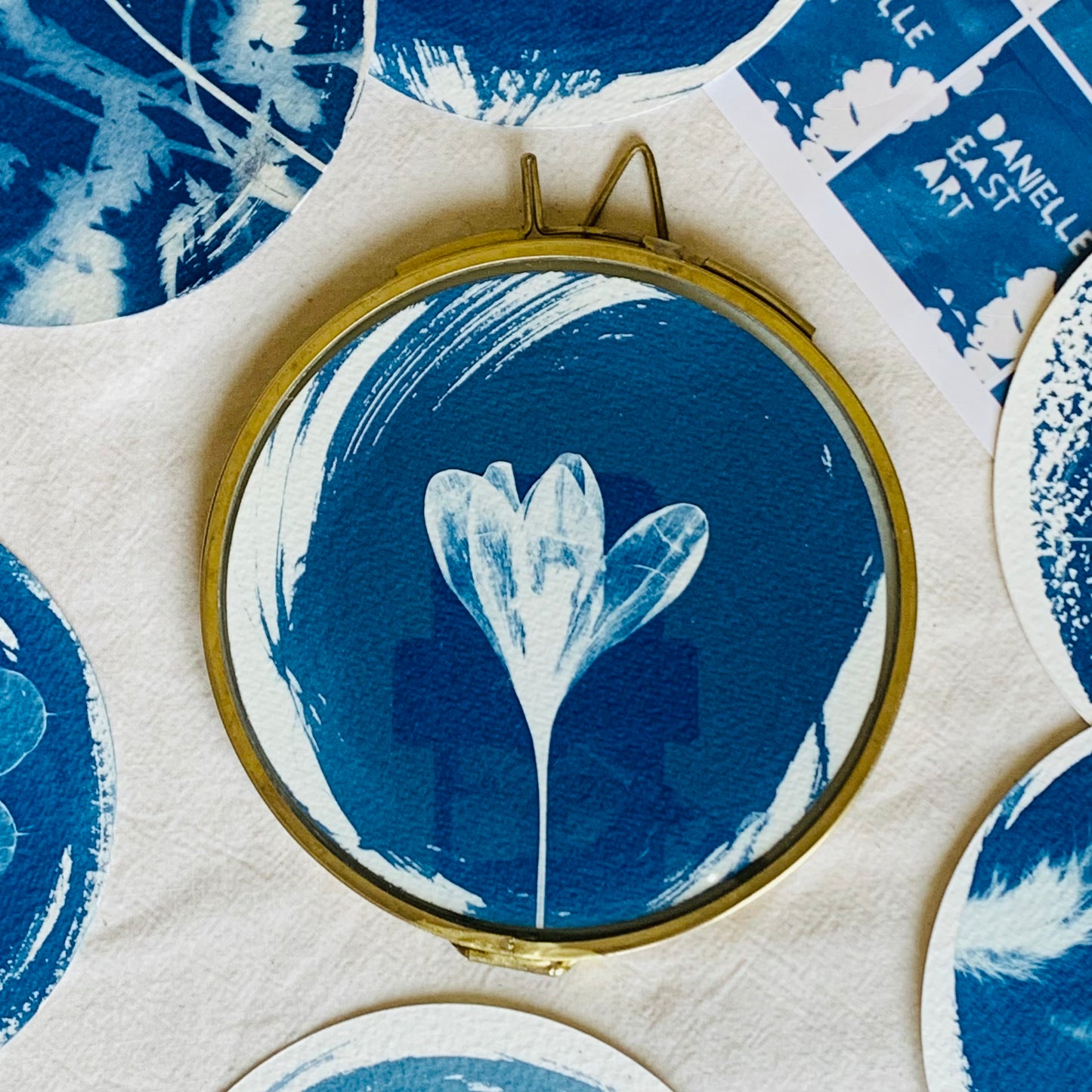 Crocus - Brass Framed Circle Cyanotype - 12cm Diameter