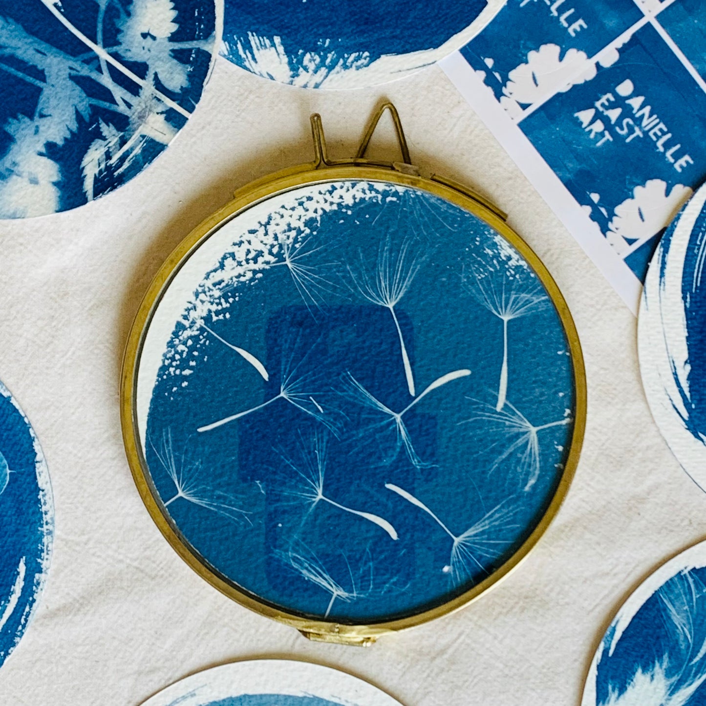 Goats Beard - Brass Framed Circle Cyanotype - 12cm Diameter