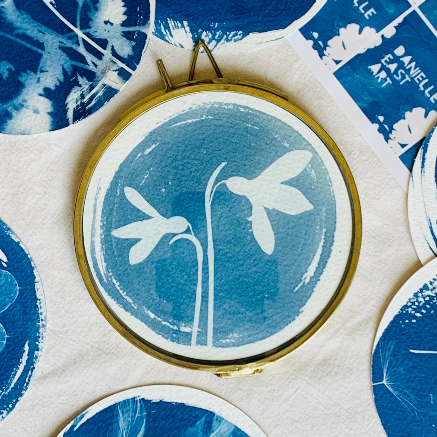 Snow Drop Duo - Brass Framed Circle Cyanotype - 12cm Diameter