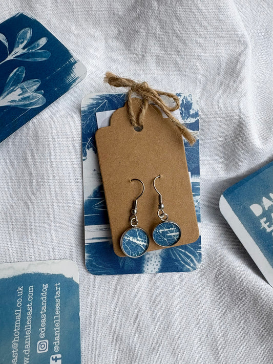 White Stripe Leaf 26 Cyanotype - Drop Earring - Sale