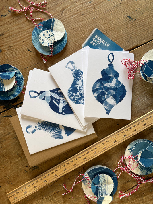Pack of 8 Lucky Dip Christmas Bauble Cyanotype Cards & 3 Decorations